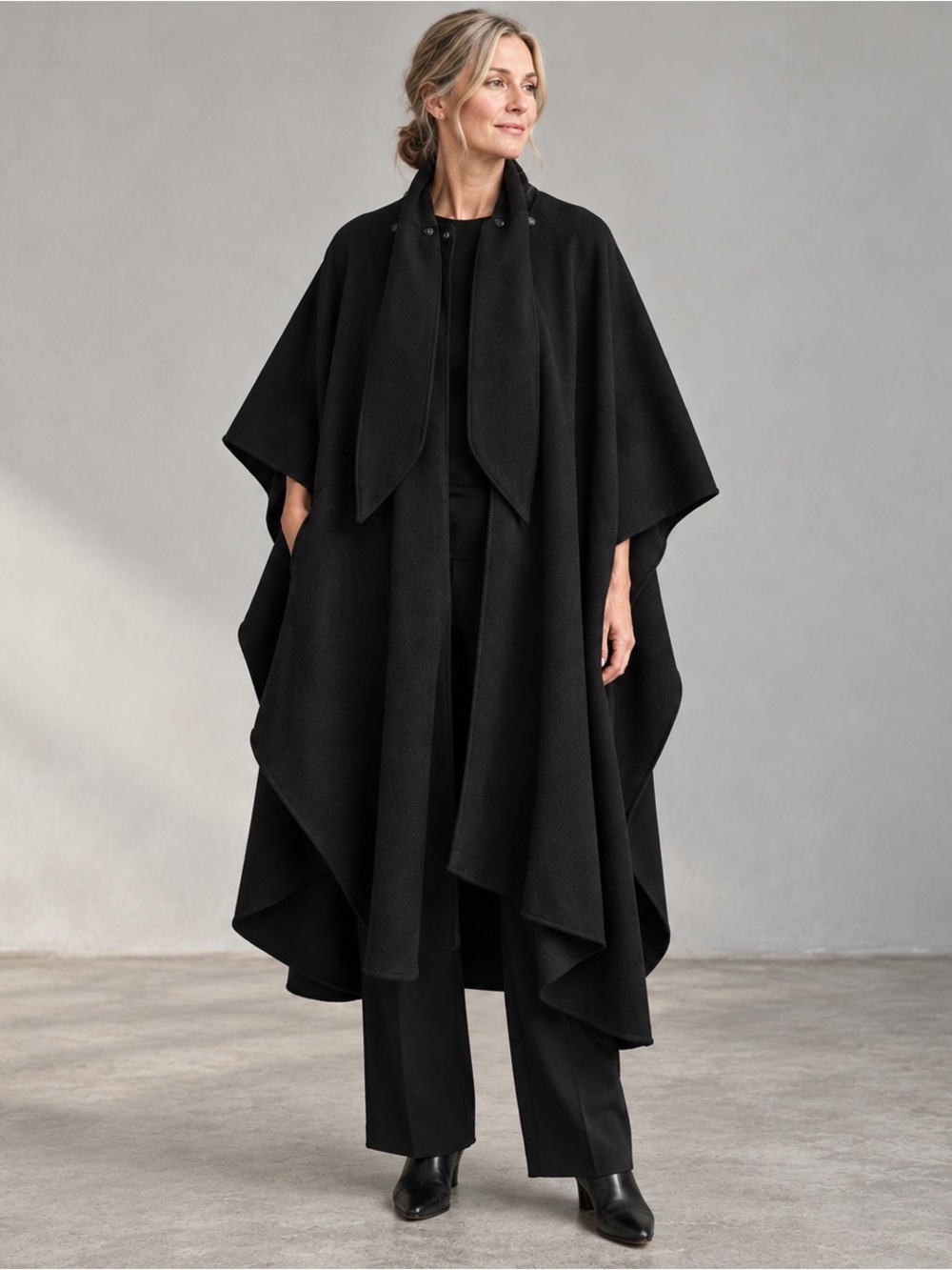 Michelle Stuart Vintage Black Wool Cape Rhinestone Draped One Size